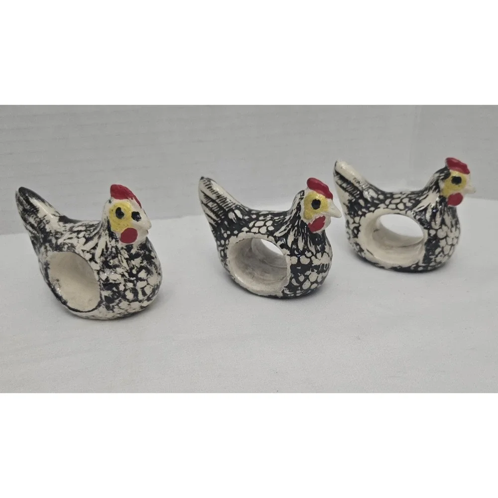 Vintage Hand Painted Ceramic Chicken Rustic Napkin Rings Holders Set of 3